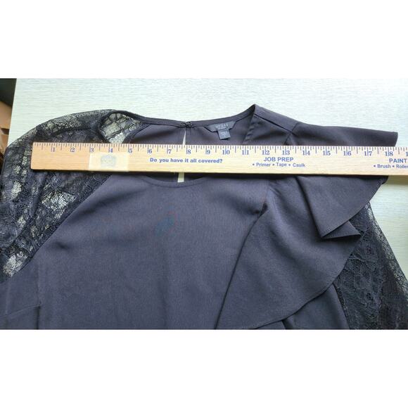 TOP/BLOUSE-GUESS-Black-Front Ruffle-Long Lace Sleeves-Pullover-Size LRG - Picture 8 of 13